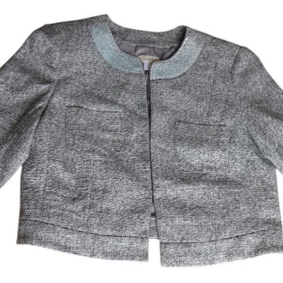LOFT Silver Cropped Jacket with Sequin Collar | Size 14 | Lined Preppy Glam EUC - Picture 6 of 11